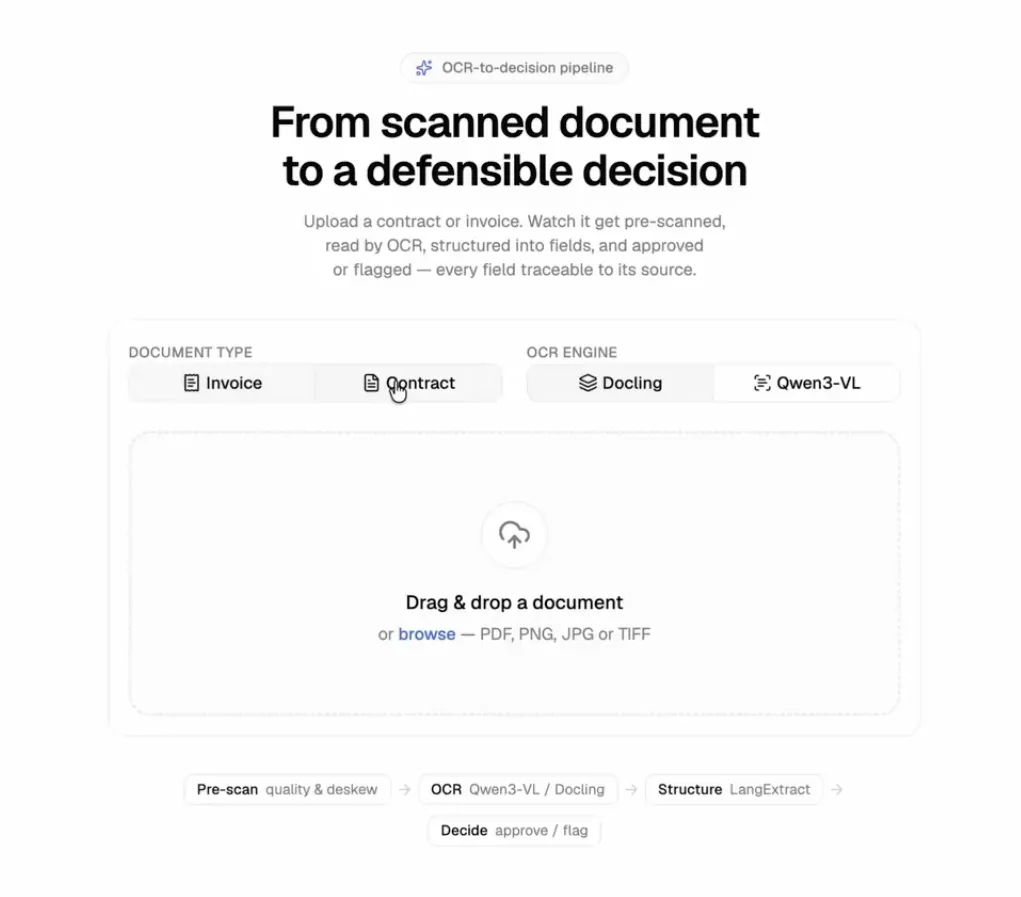 Document Approval app interface that lets you choose between invoice or contract and docling or qwen3-vl as the ocr engine. Drag & drop a document and start the pipeline